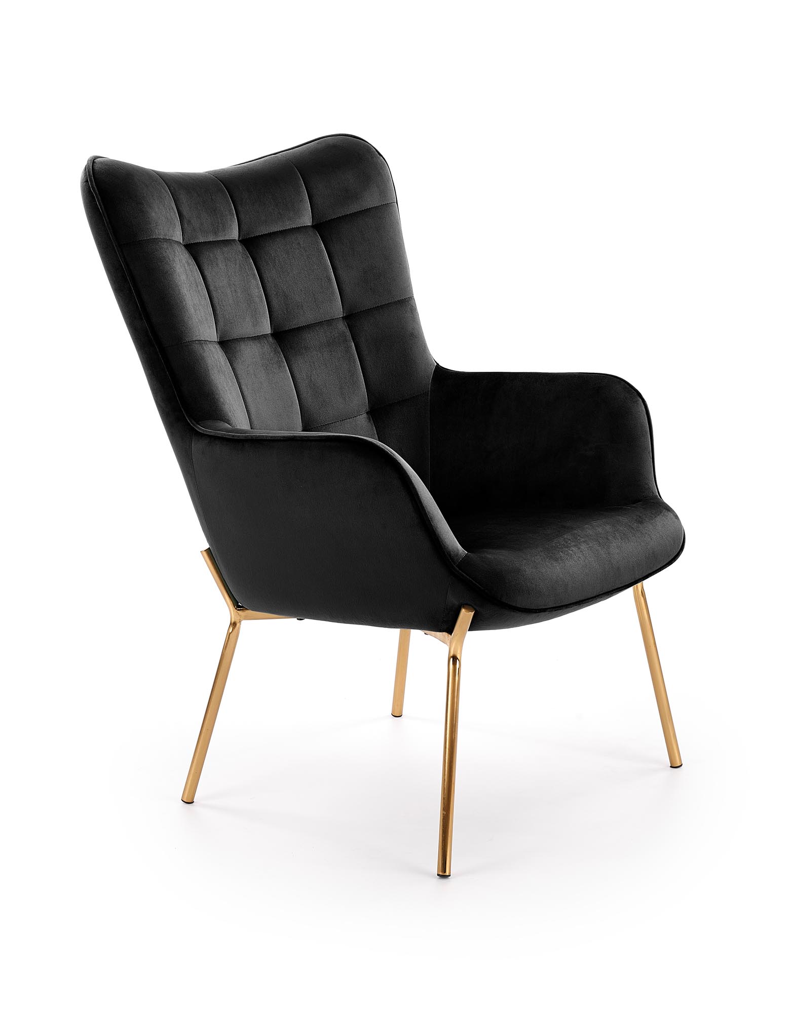 juodos spalvos aksomo fotelis CASTEL auksines spalvos chromuoto plieno kojos